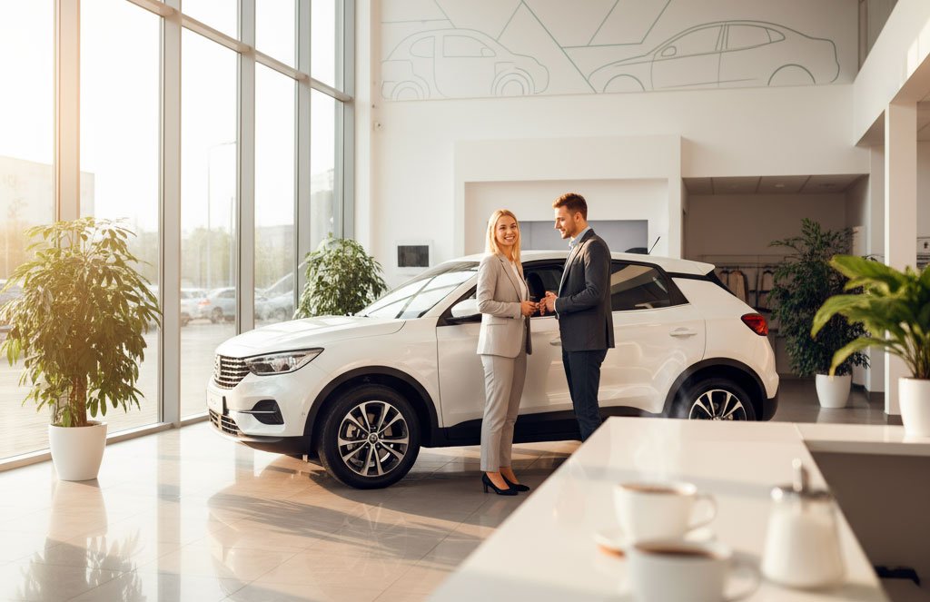 Salón de un concesionario con dos personas frente a un coche blanco.