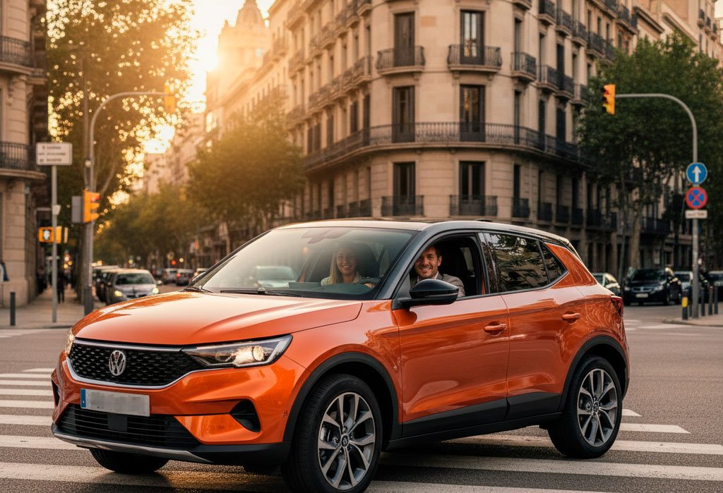 Coche naranja en una esquina de Barcelona